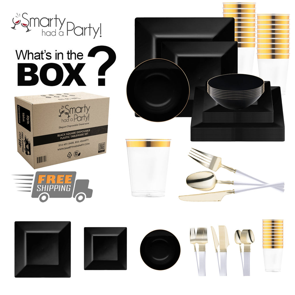 Black Square Disposable Plastic Tableware Set