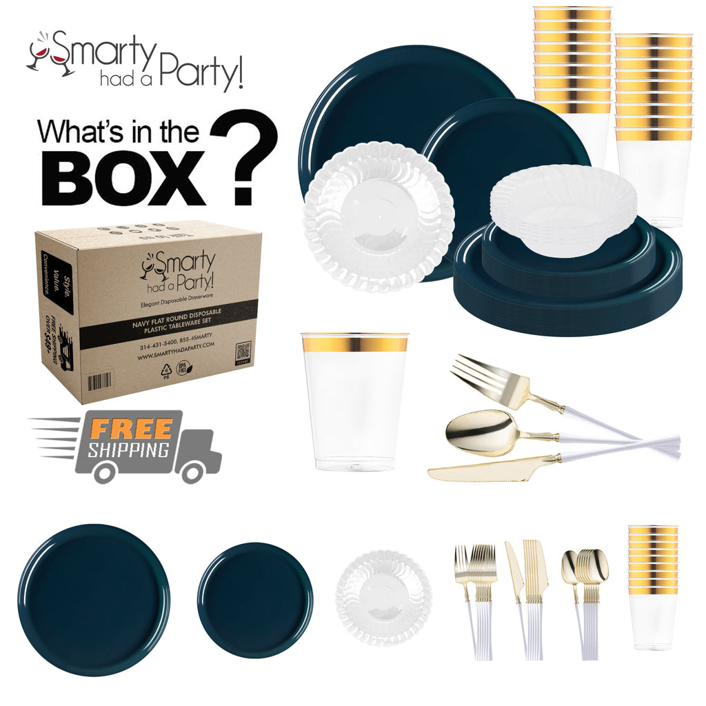 Navy Flat Round Disposable Plastic Tableware Set