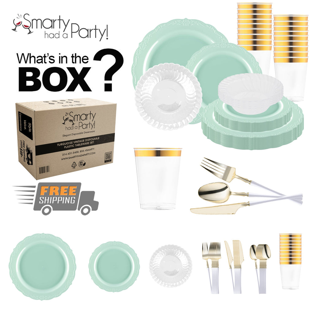 Turquoise Vintage Disposable Plastic Tableware Set