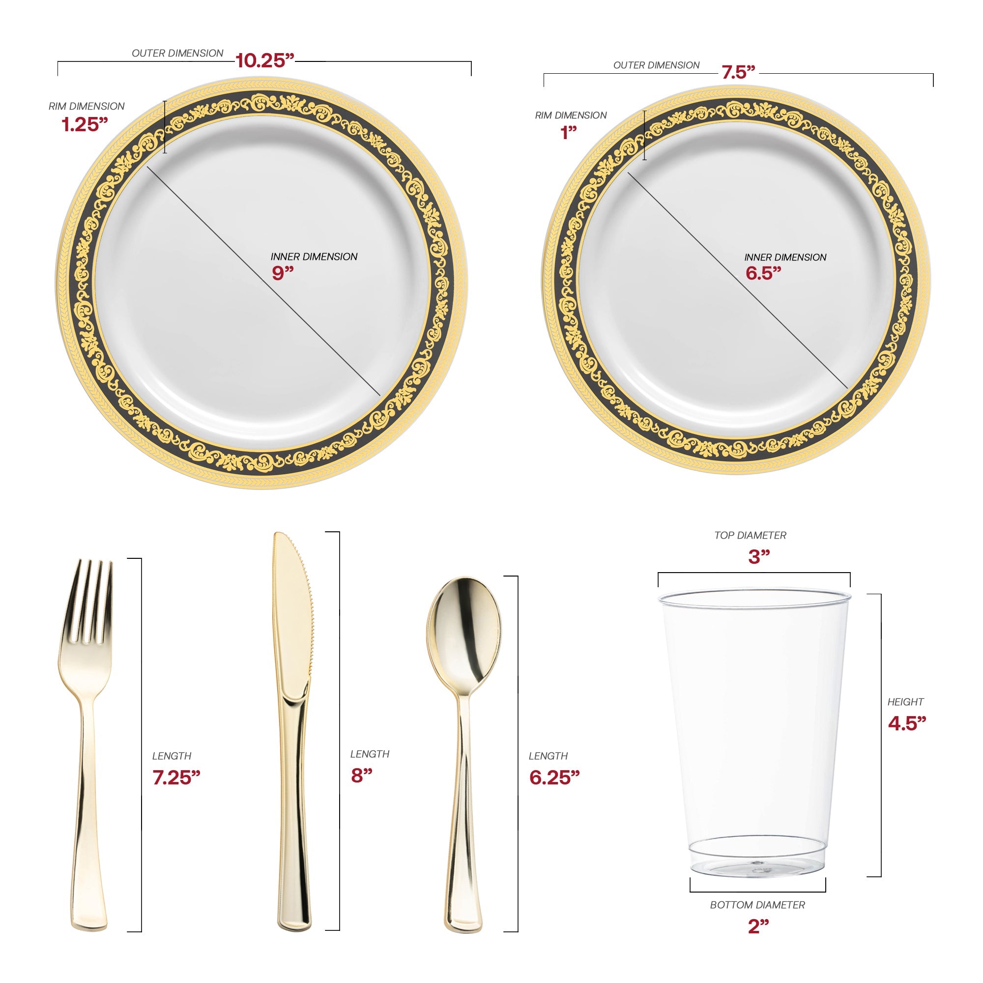 White with Black and Gold Royal Rim Plastic Wedding Value Set