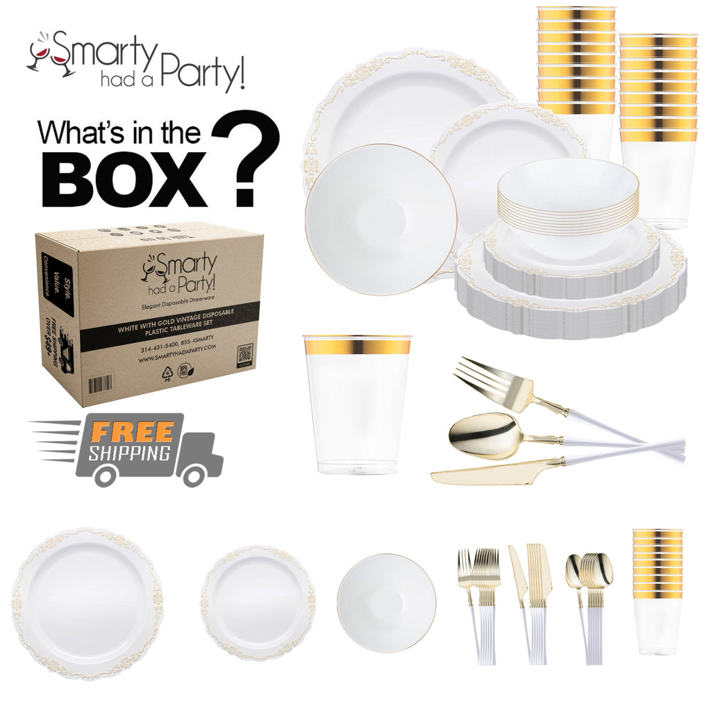 White with Gold Vintage Disposable Plastic Tableware Set