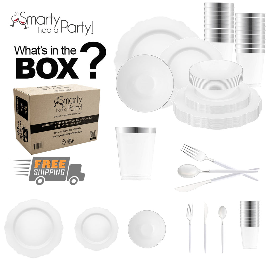 White with Silver Blossom Rim Disposable Plastic Tableware Set
