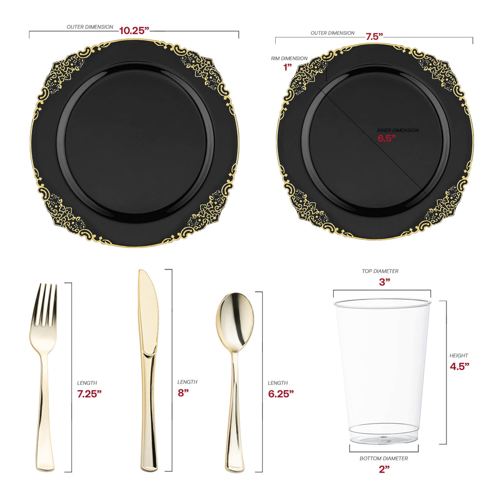 Black with Gold Fancy Round Disposable Plastic Wedding Value Set