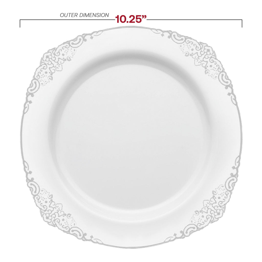 White with Silver Fancy Round Disposable Plastic Dinnerware Value Set
