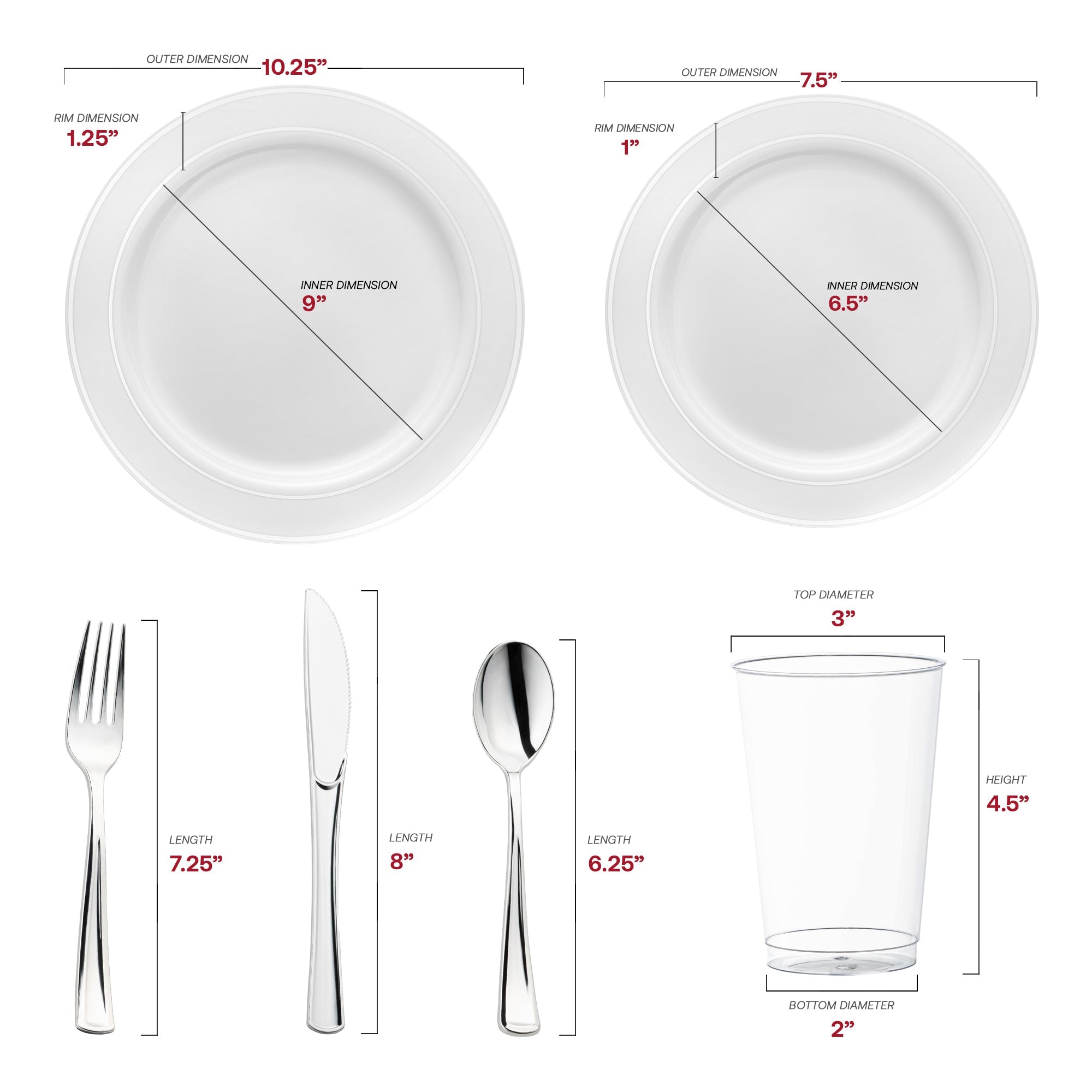 White with Silver Edge Rim Plastic Wedding Value Set
