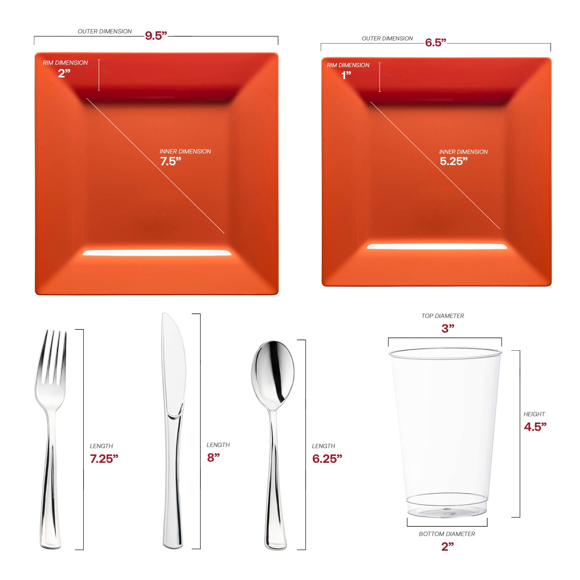 Burnt Orange Square Plastic Plates Wedding Value Set