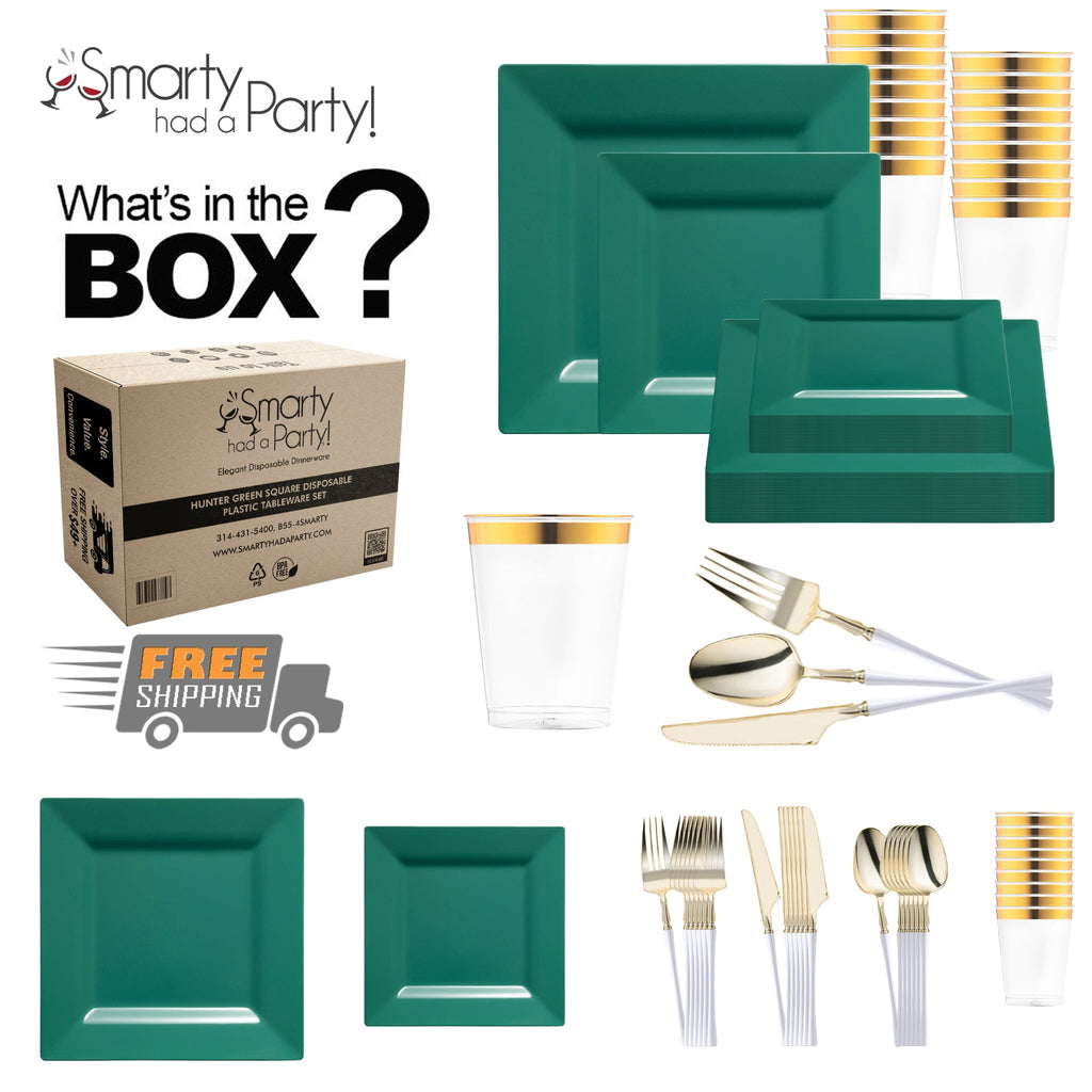 Hunter Green Square Disposable Plastic Tableware Set