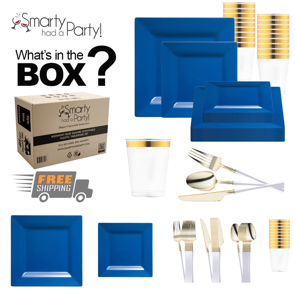 Midnight Blue Square Disposable Plastic Tableware Set