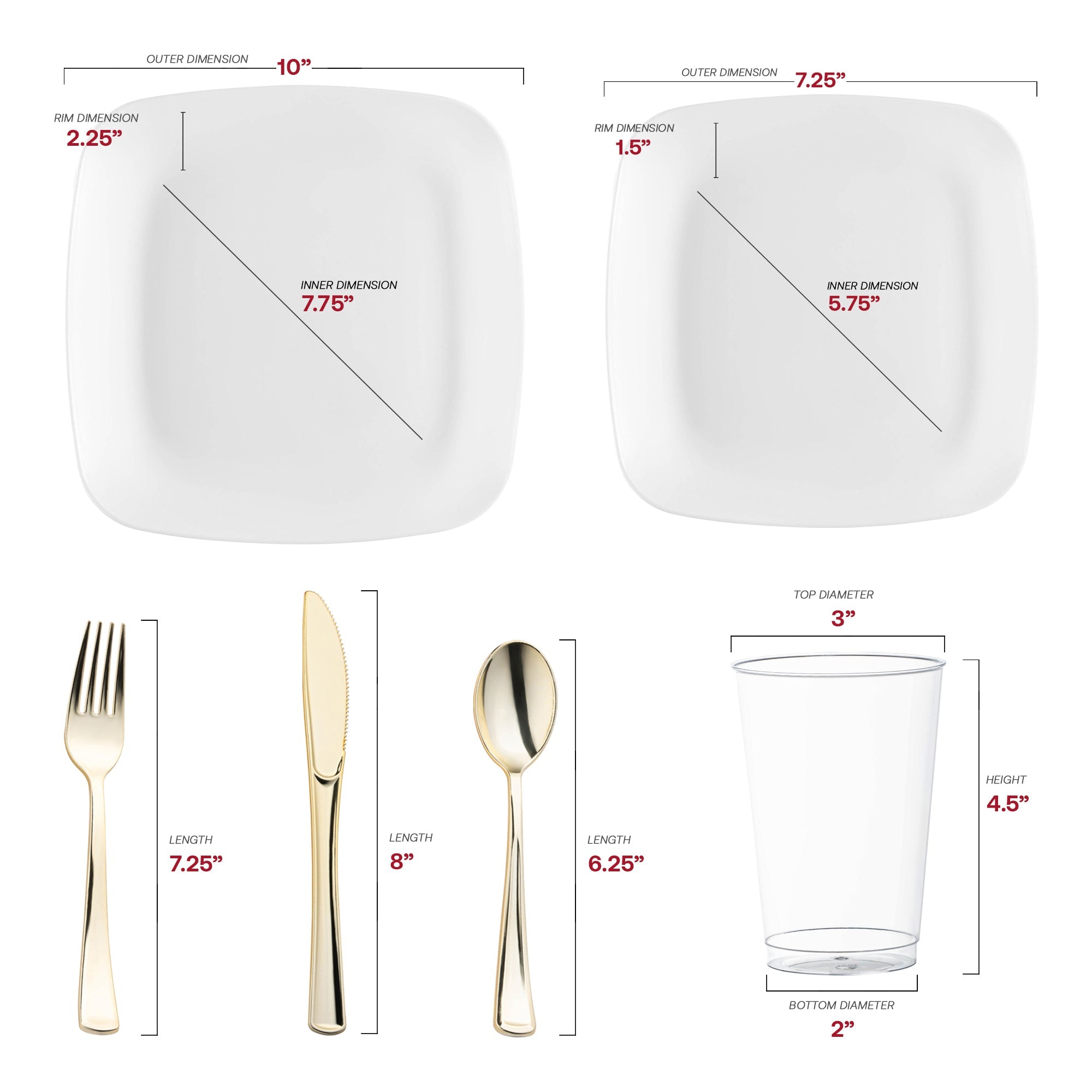 Solid White Flat Rounded Square Disposable Plastic Wedding Value Set
