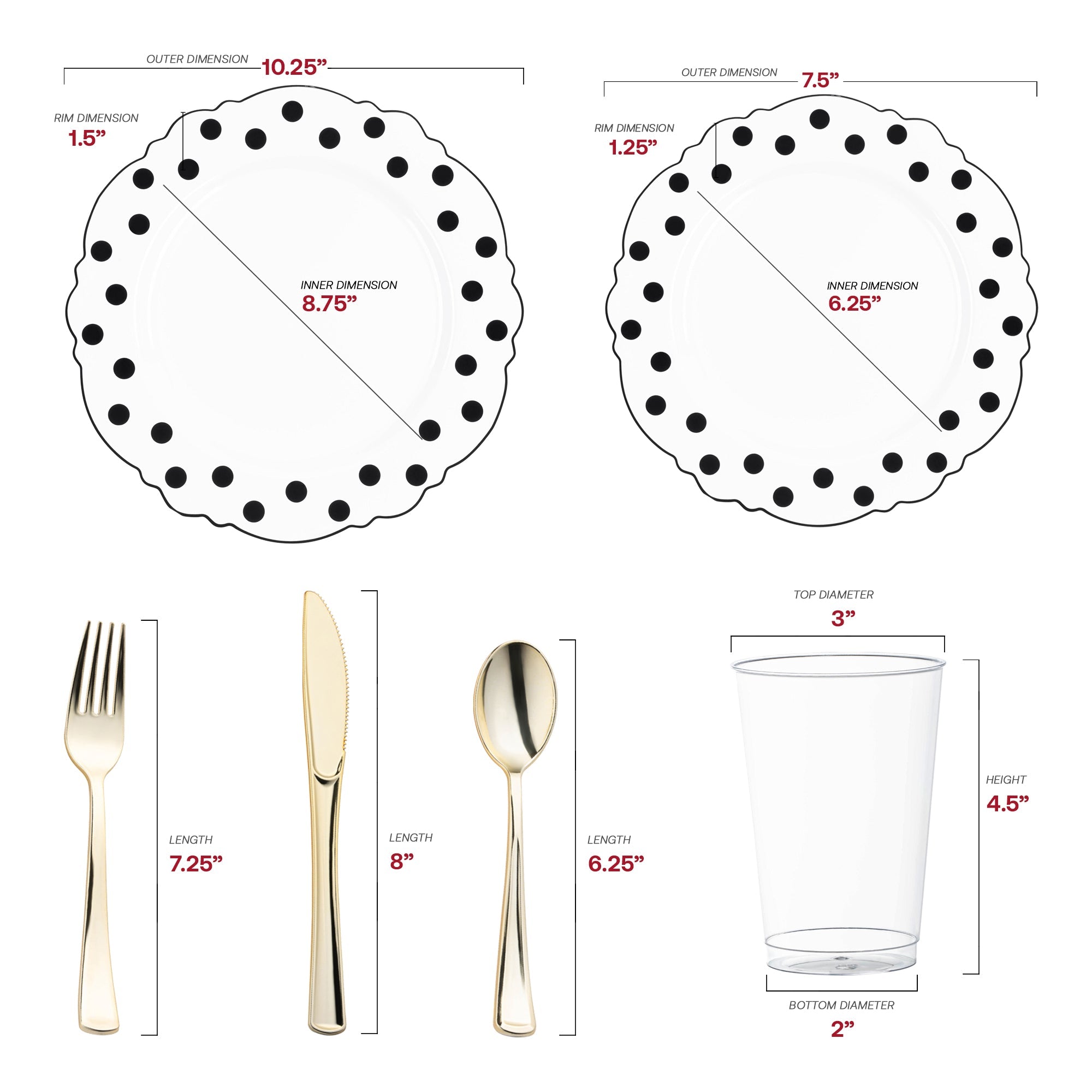 White with Black Dots Round Blossom Disposable Plastic Wedding Value Set