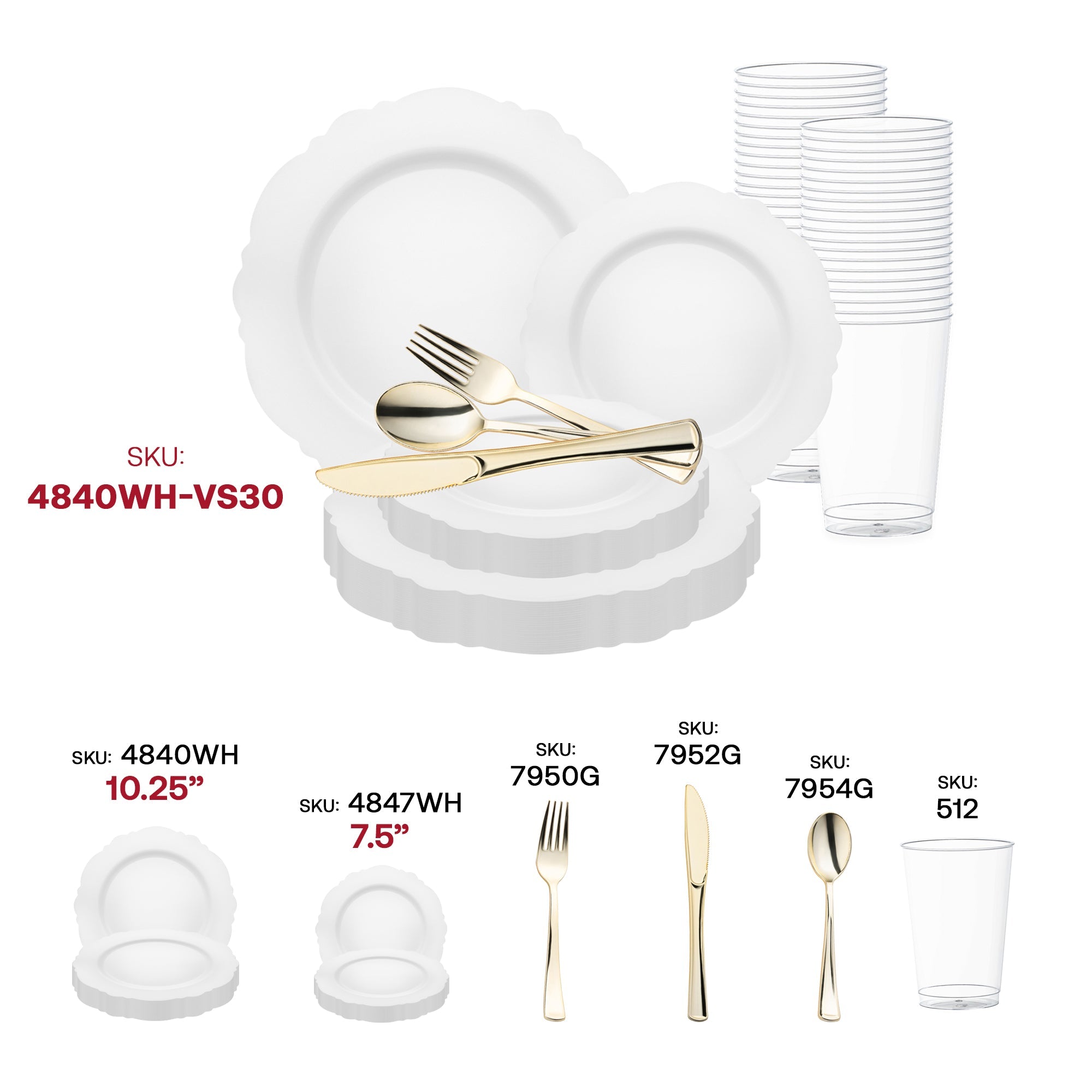 Solid White Round Blossom Disposable Plastic Wedding Value Set