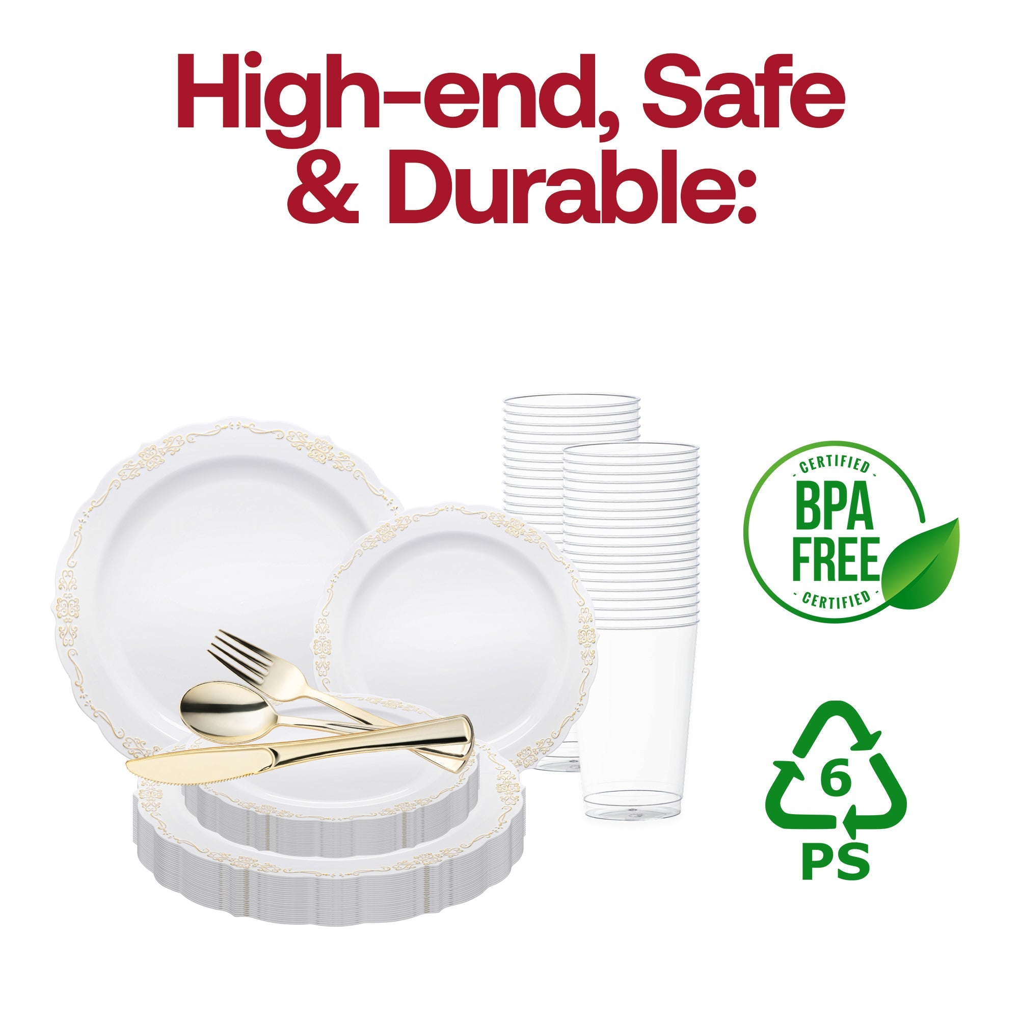 White with Gold Vintage Rim Round Disposable Plastic Wedding Value Set