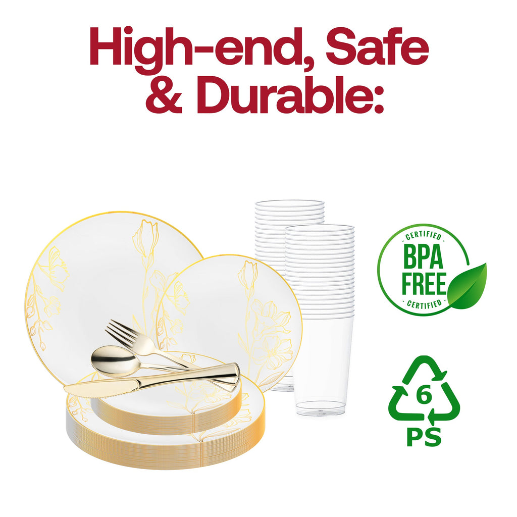 White with Gold Antique Floral Round Disposable Plastic Wedding Value Set