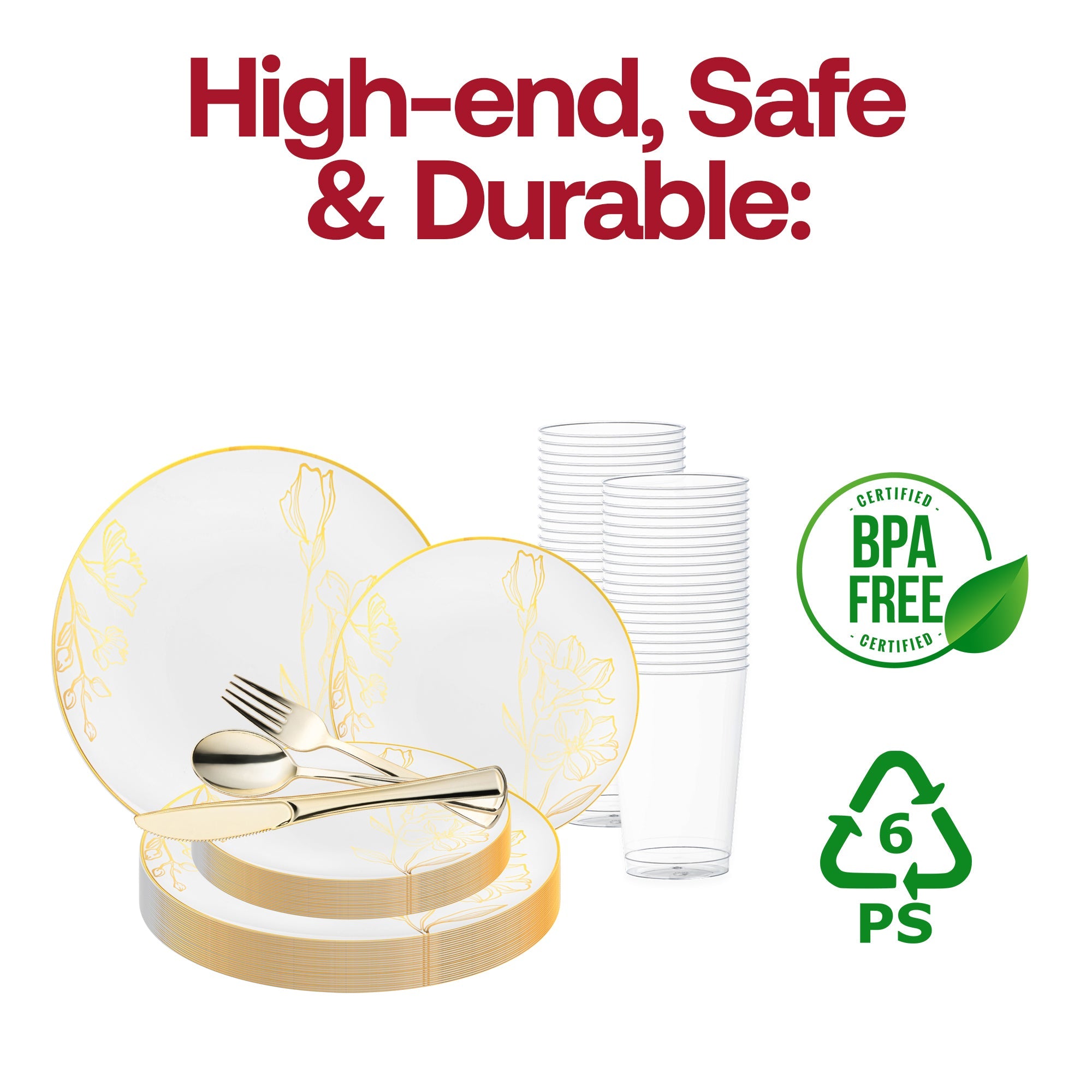 White with Gold Antique Floral Round Disposable Plastic Wedding Value Set