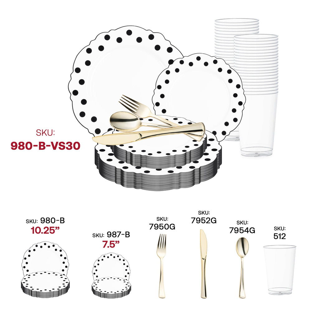 White with Black Dots Round Blossom Disposable Plastic Wedding Value Set