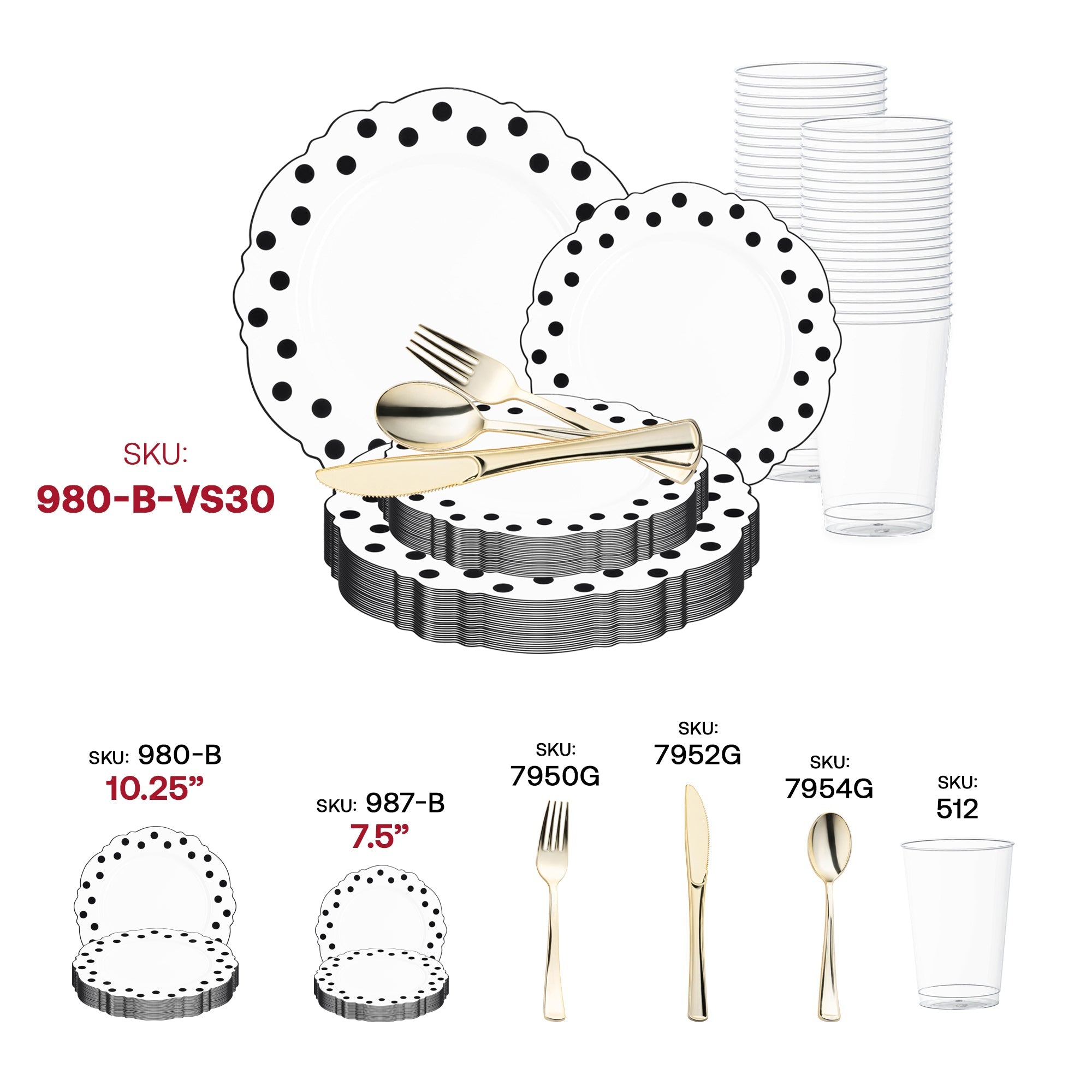 White with Black Dots Round Blossom Disposable Plastic Wedding Value Set