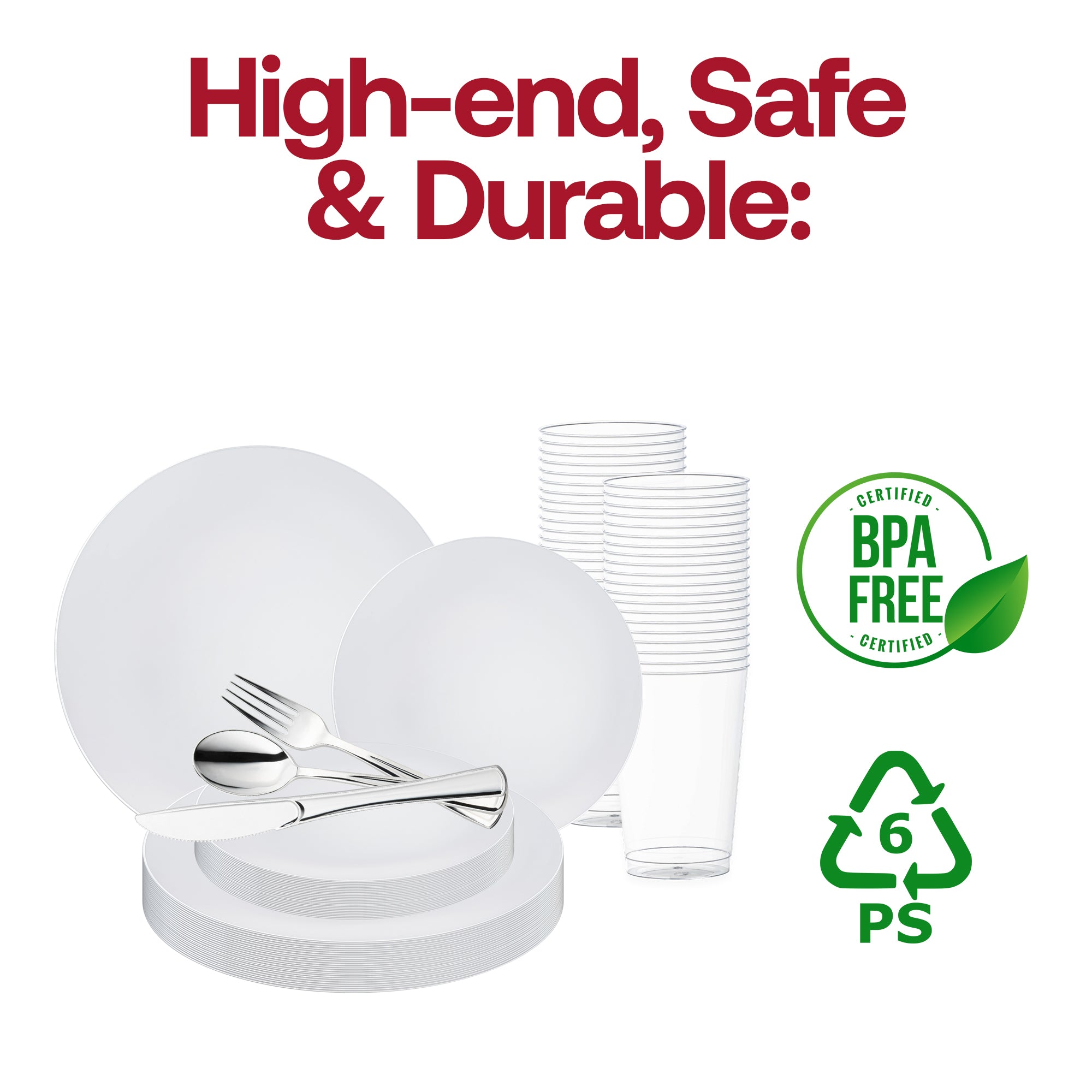 White with Silver Rim Organic Round Disposable Plastic Wedding Value Set