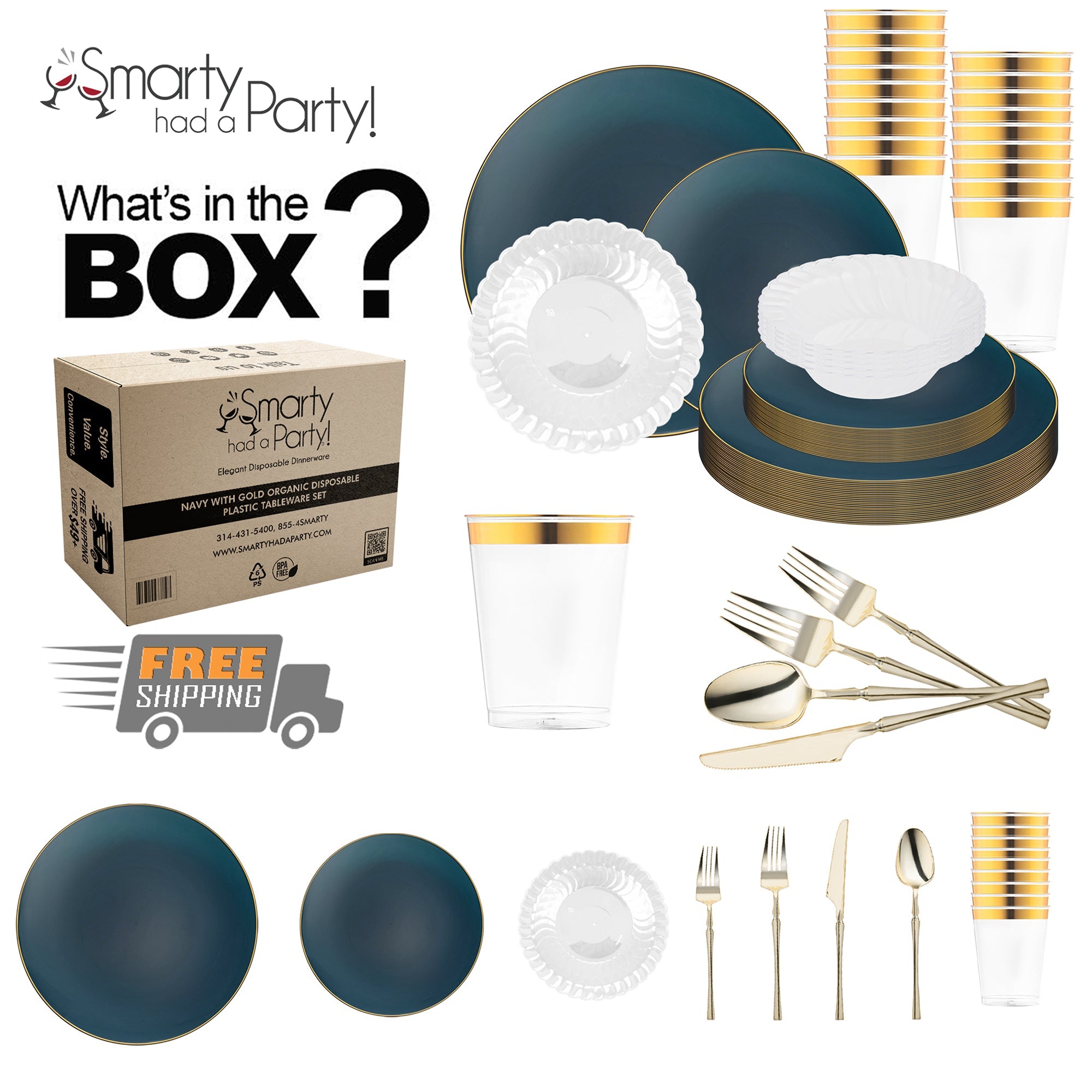 Navy with Gold Organic Disposable Plastic Tableware Set