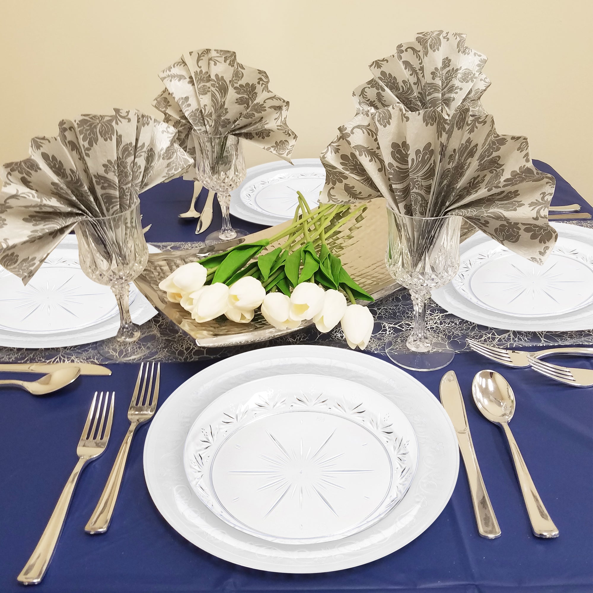 Clear Floral Round Disposable Plastic Dinnerware Value Set