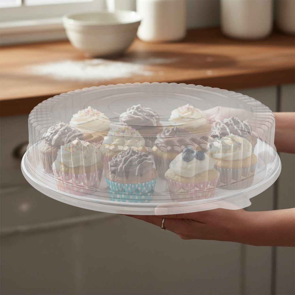 12" White Round Plastic Trays with Lids