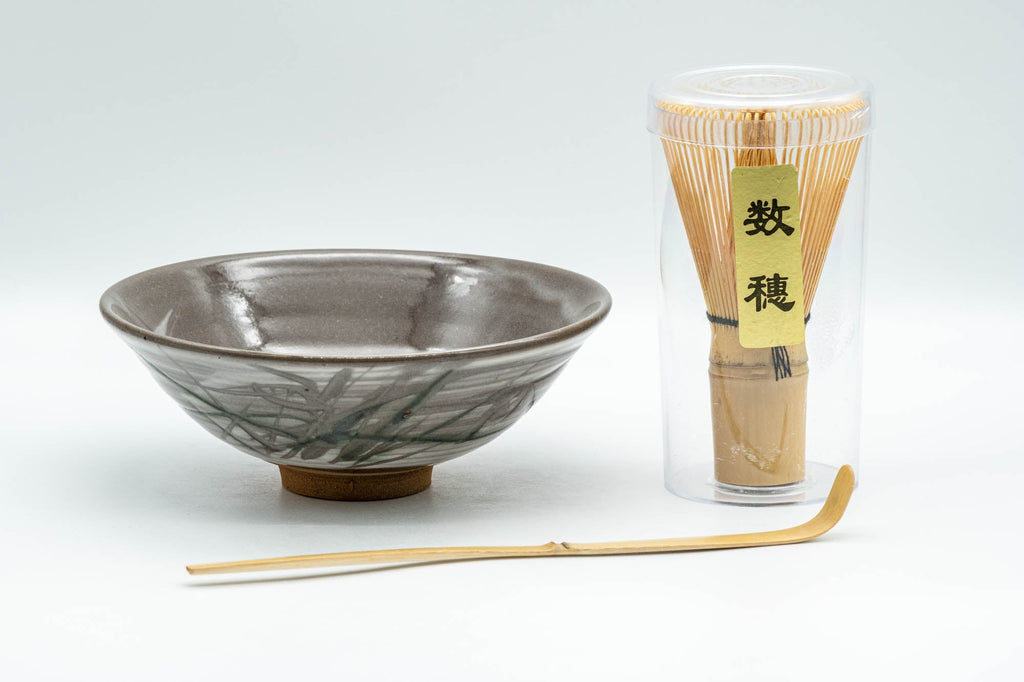 Japanese Matcha Set - Hakeme Hira-gata Summer Chawan with Bamboo Chasen Whisk and Chashaku Scoop - 250ml