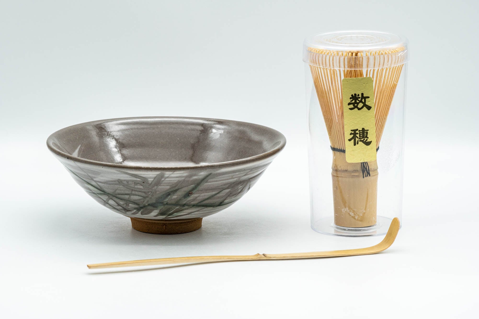 Japanese Matcha Set - Hakeme Hira-gata Summer Chawan with Bamboo Chasen Whisk and Chashaku Scoop - 250ml