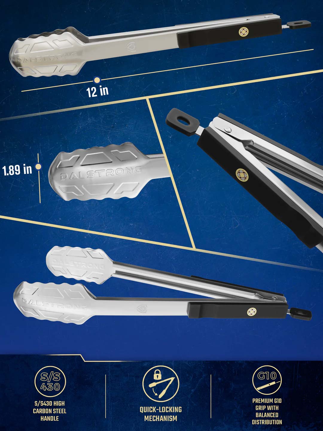 Food Tongs 12" | Stainless Steel Arms & Scalloped Tips | Dalstrong ©