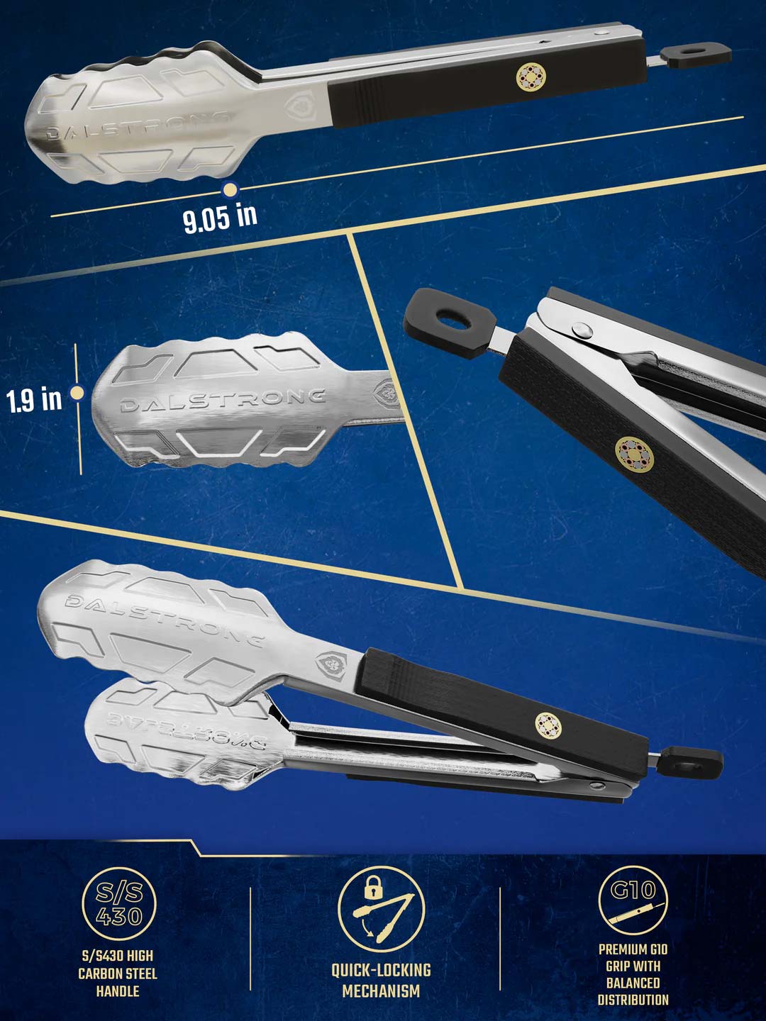Food Tongs 9" | Stainless Steel Arms & Scalloped Tips | Dalstrong ©