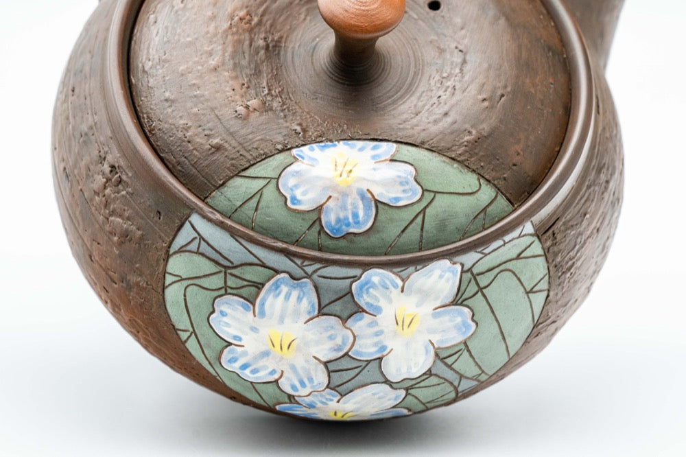 Japanese Kyusu - 亀岡克史 Kameoka Katsushi - 素三 Motozo - Floral Engraved Textured Tokoname-yaki Teapot - 200ml