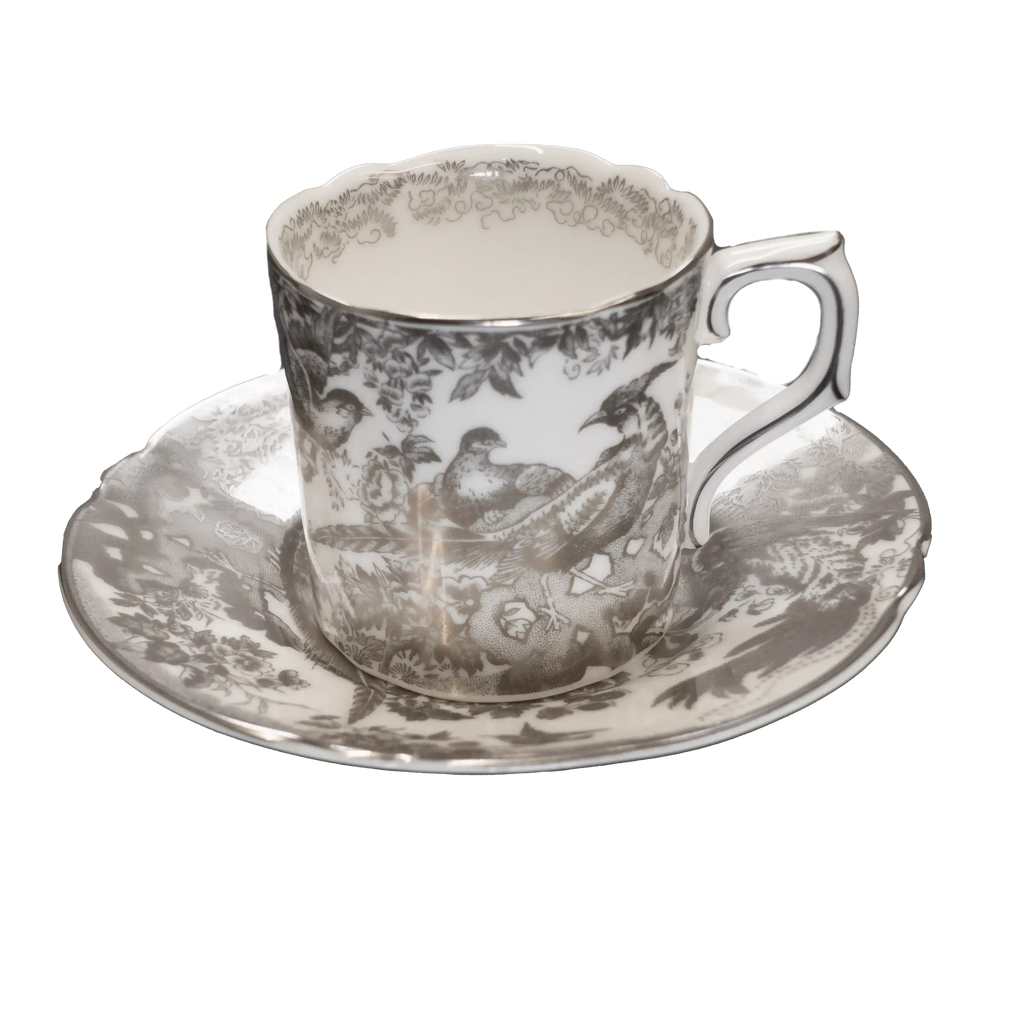 Royal Crown Derby Palladium Aves Coffee Cup & Saucer Bone China