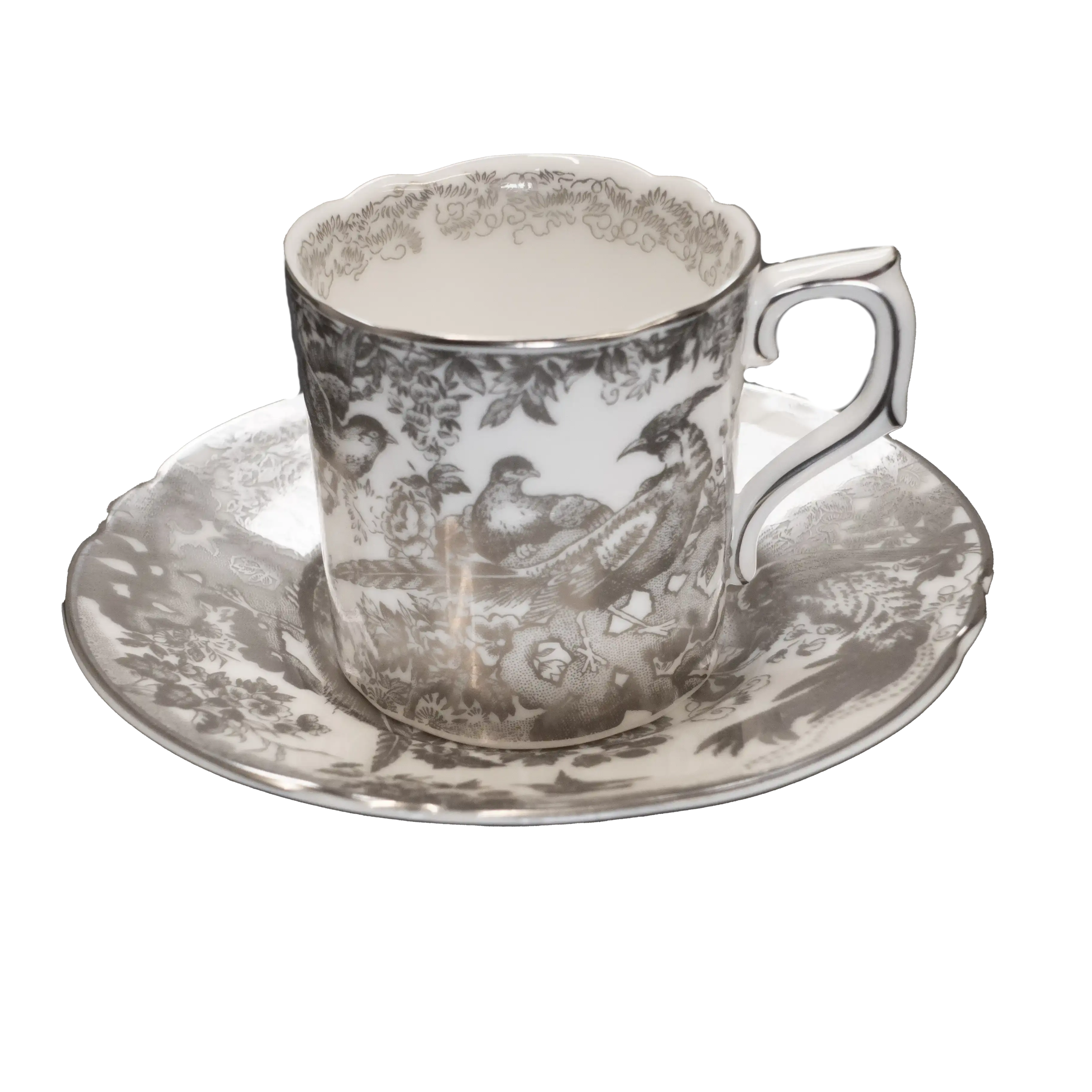 Royal Crown Derby Palladium Aves Coffee Cup & Saucer Bone China