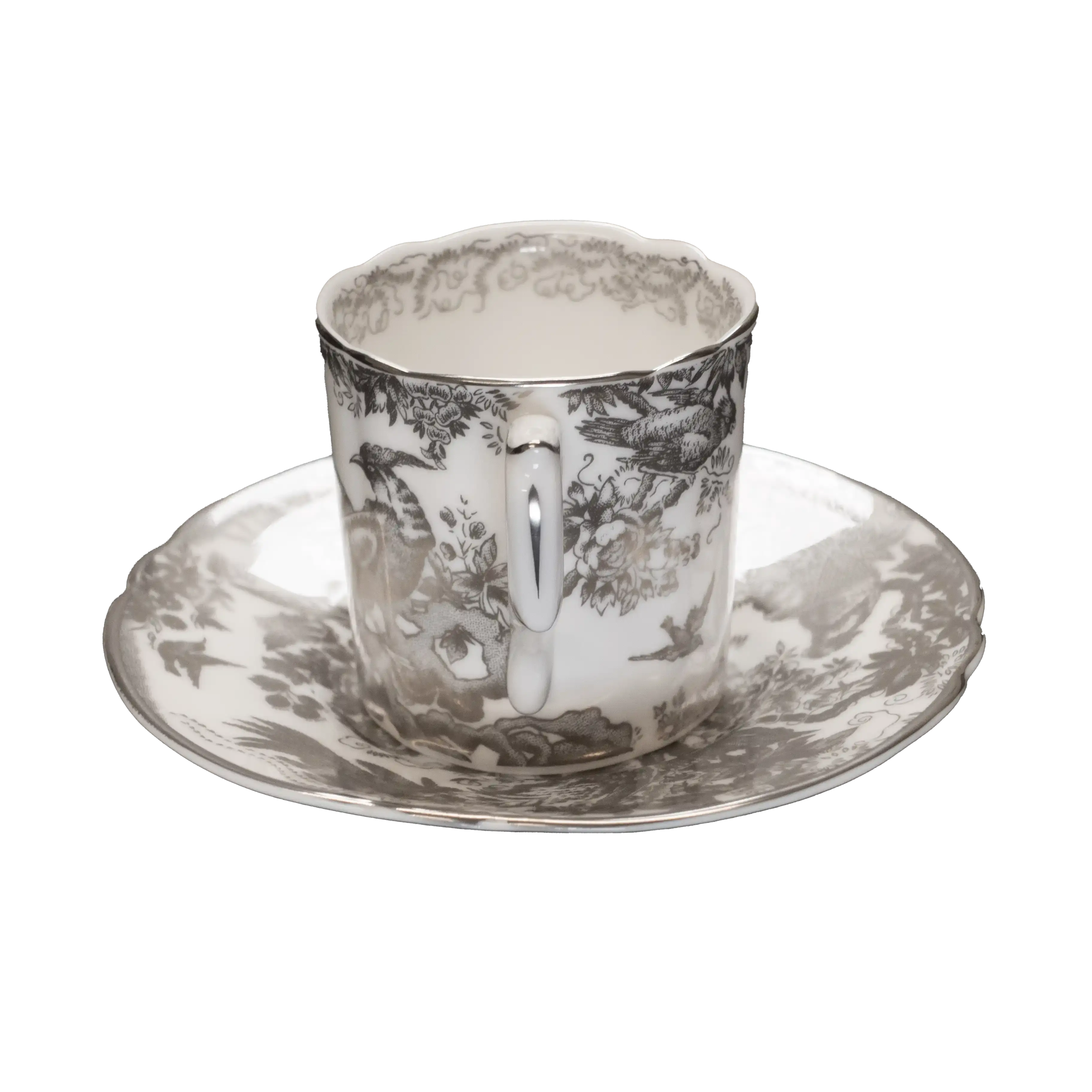Royal Crown Derby Palladium Aves Coffee Cup & Saucer Bone China