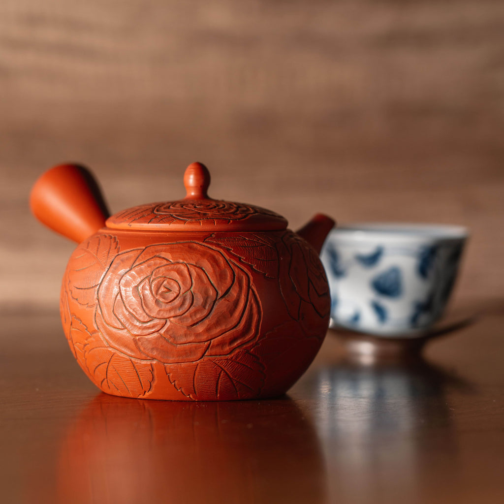 Camellia Flower Engraved Tokoname Teapot - 260ml
