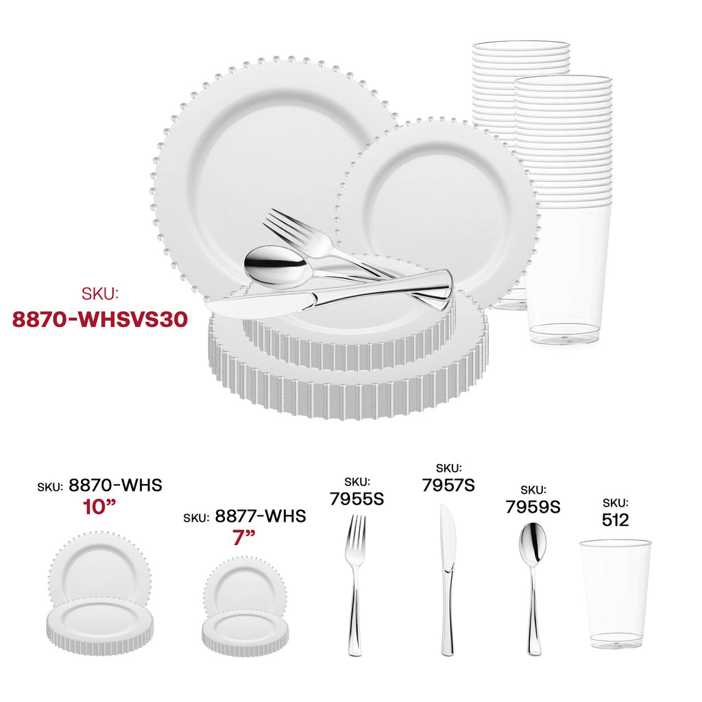 White with Silver Pearl String Round Disposable Plastic Wedding Value Set
