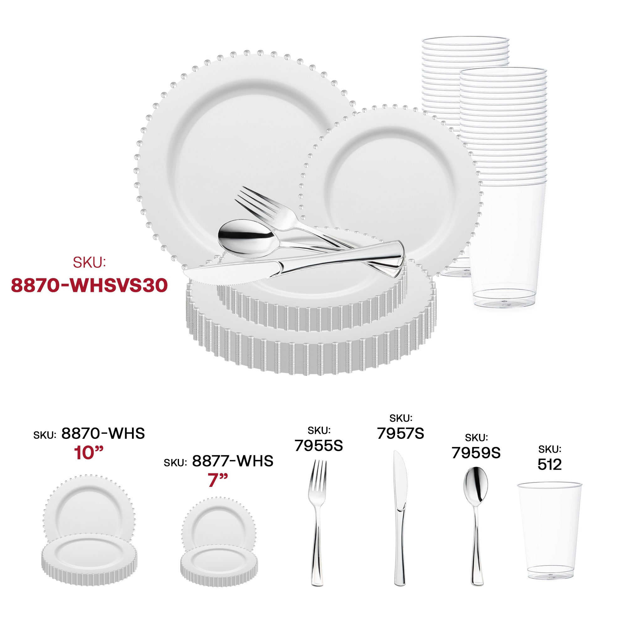 White with Silver Pearl String Round Disposable Plastic Wedding Value Set
