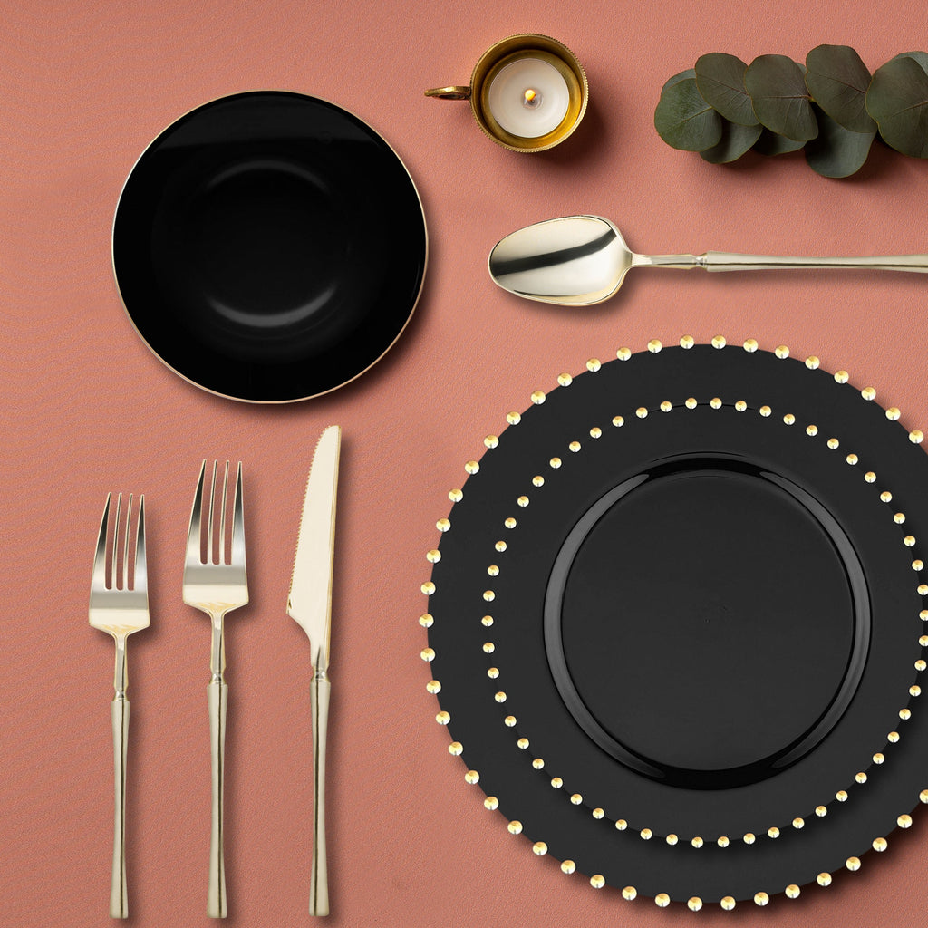 Black with Gold Pearl String Round Disposable Plastic Tableware Set