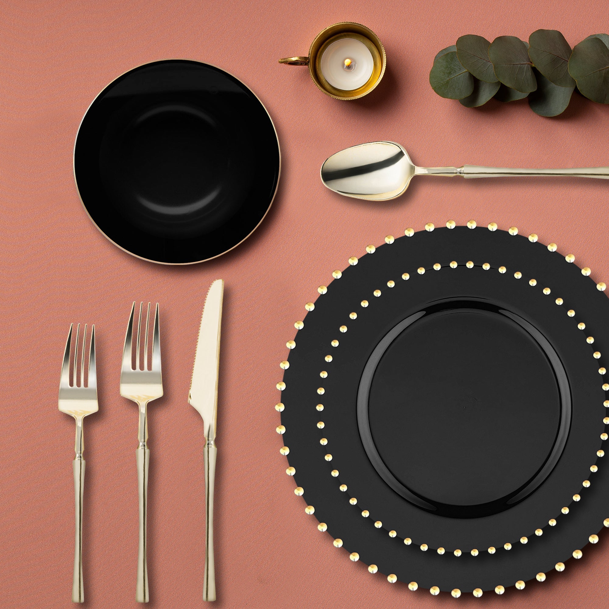 Black with Gold Pearl String Round Disposable Plastic Tableware Set