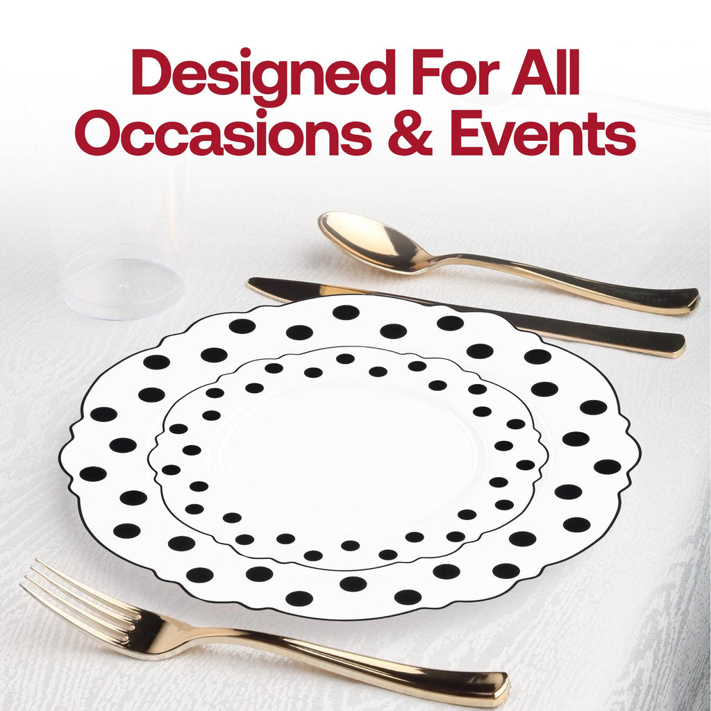 White with Black Dots Round Blossom Disposable Plastic Dinner Plates (10.25")