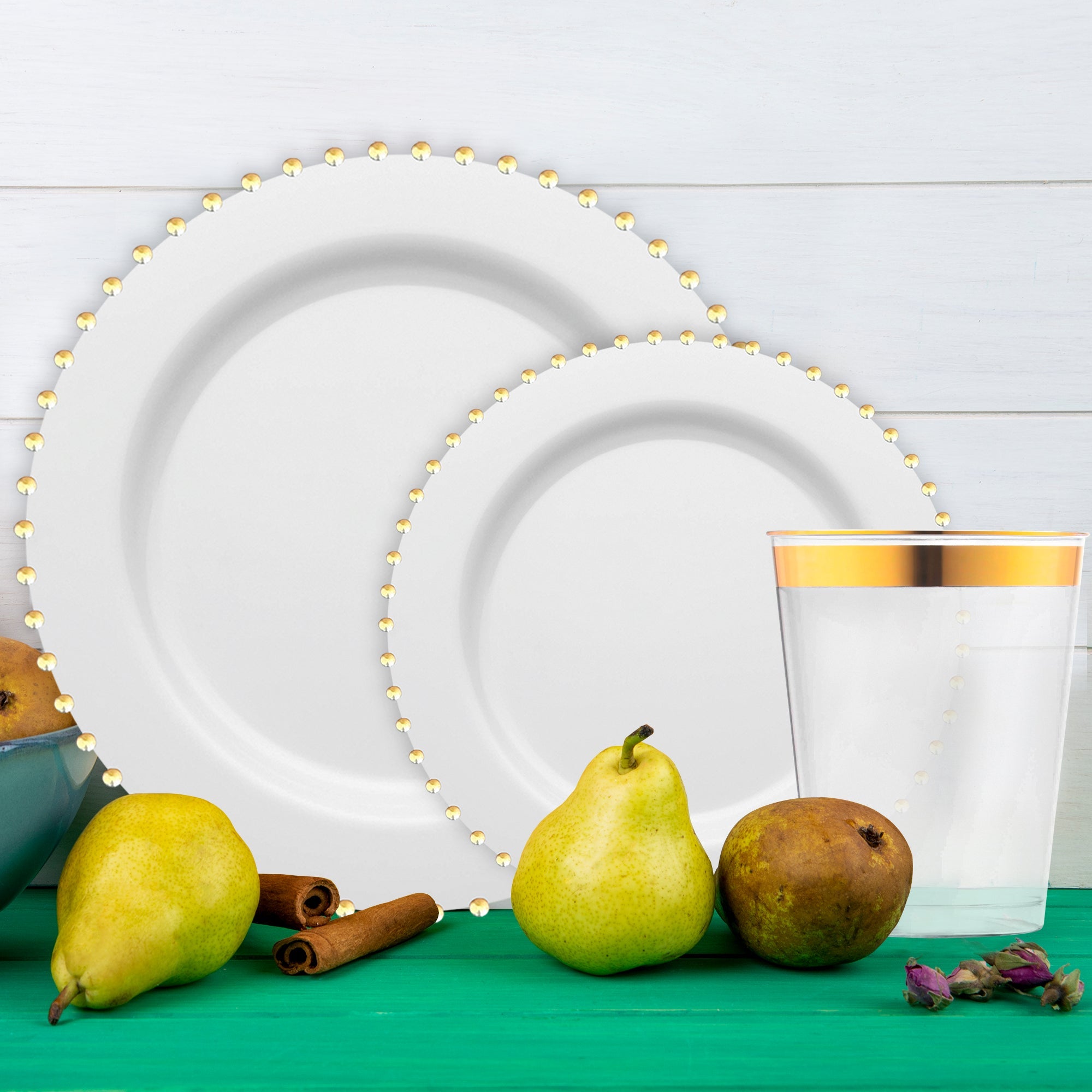 White with Gold Pearl String Round Disposable Plastic Tableware Set