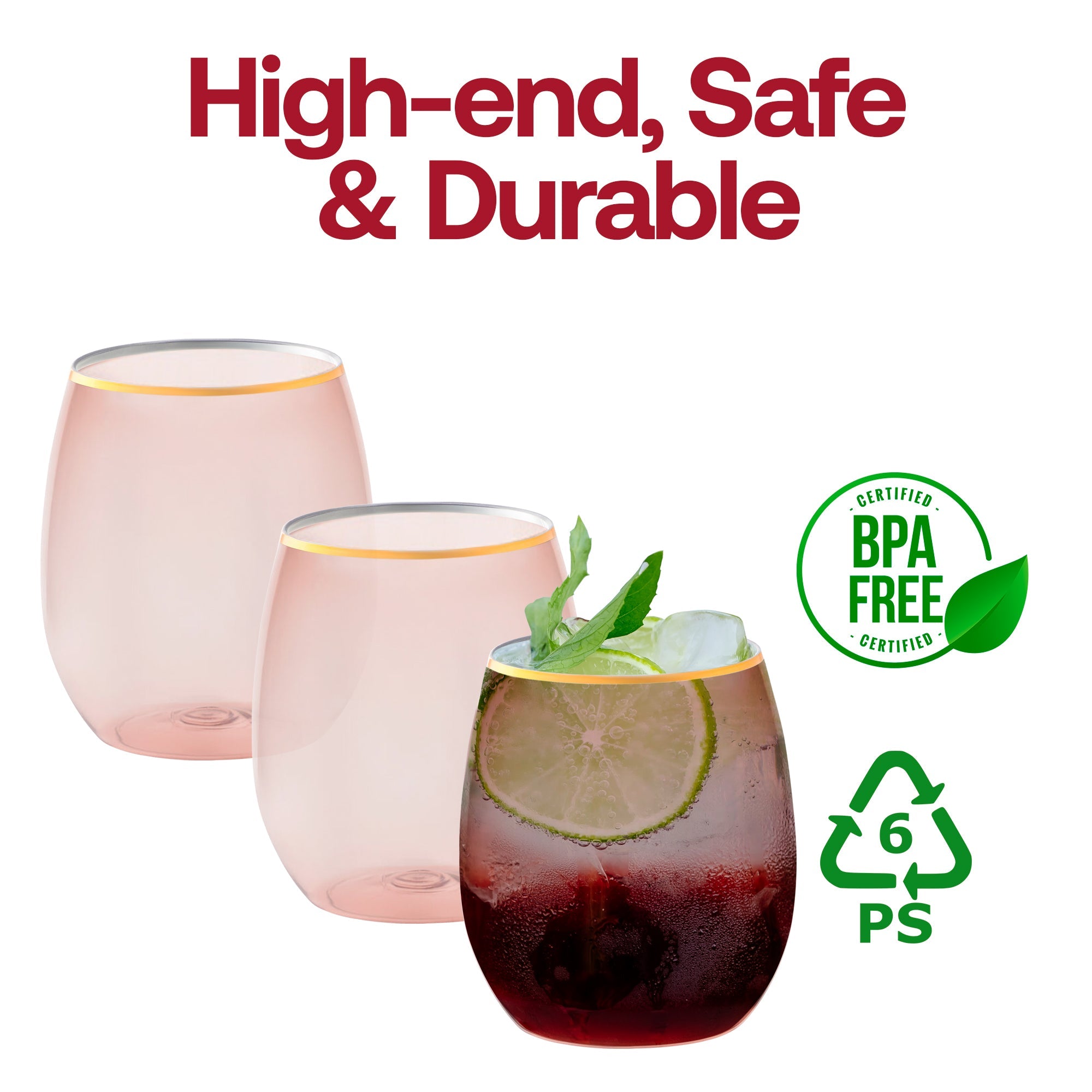 Clear Pink with Gold Elegant Stemless Plastic Wine Glasses (12 oz.)