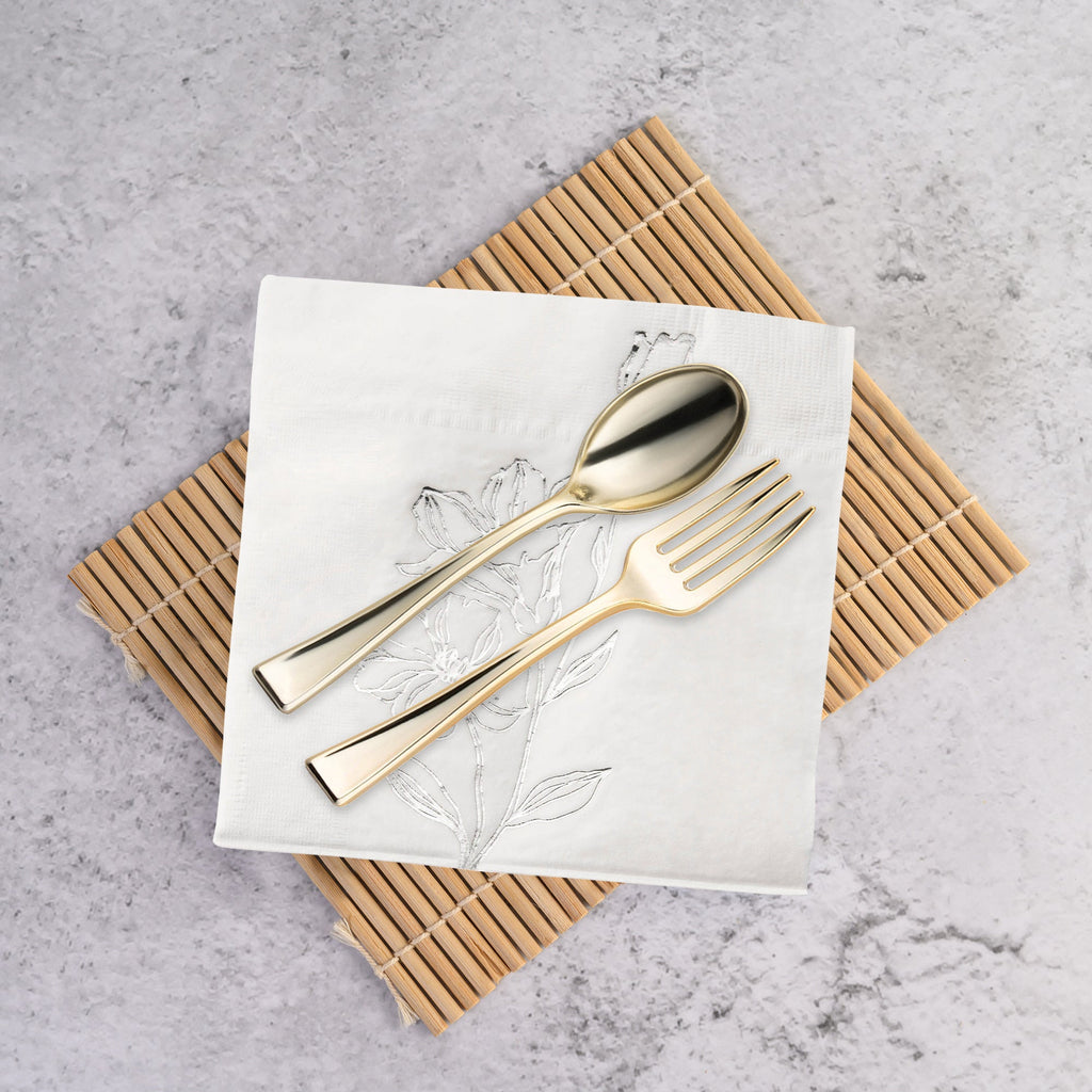 White with Silver Antique Floral Paper Beverage/Cocktail Napkins