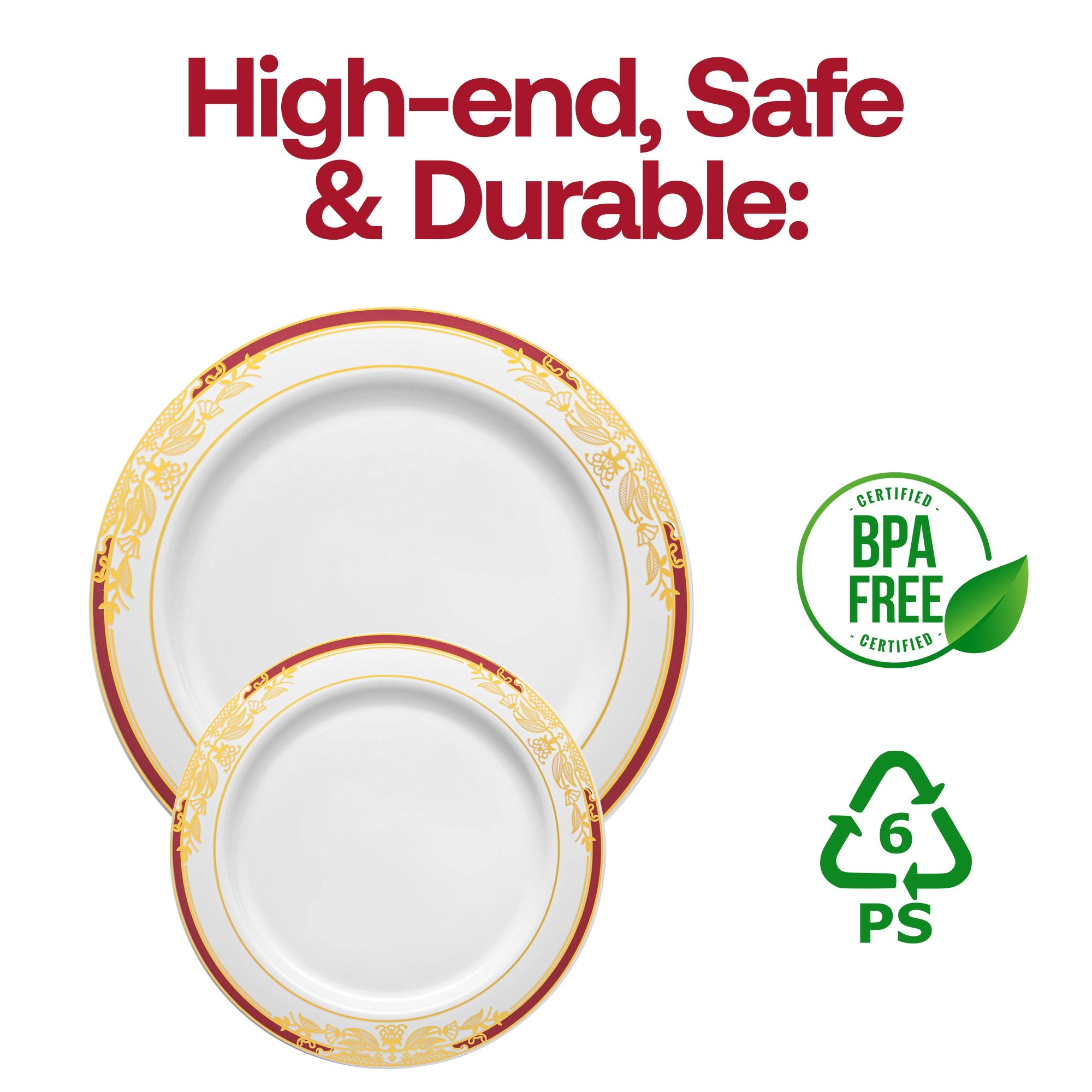 White with Burgundy and Gold Harmony Rim Plastic Appetizer/Salad Plates (7.5")