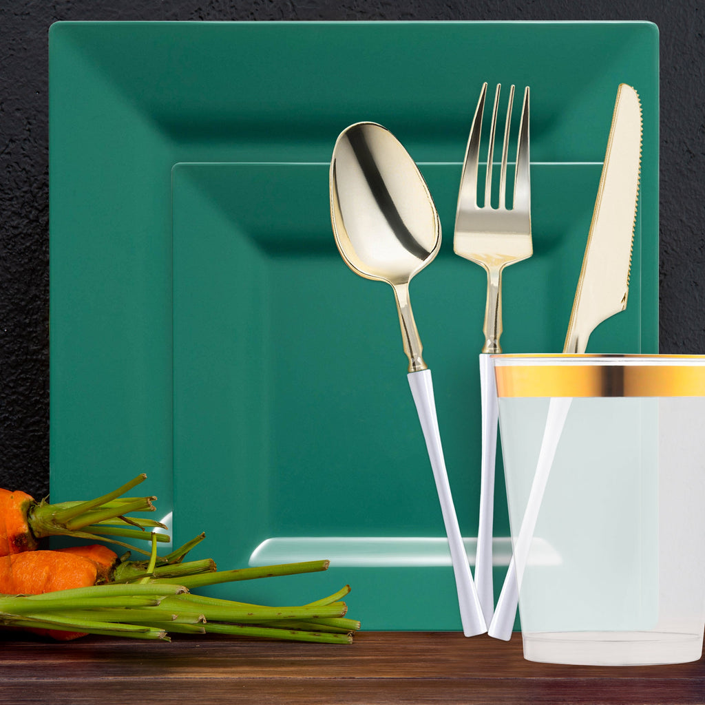 Hunter Green Square Disposable Plastic Tableware Set