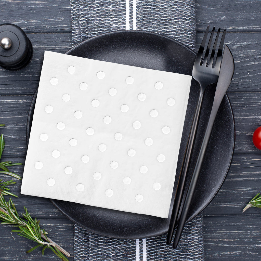 White with Silver Dots Paper Beverage/Cocktail Napkins