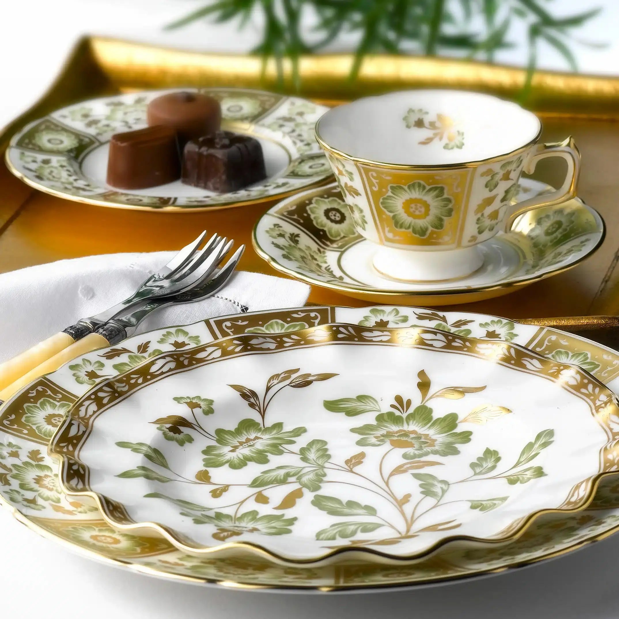 Royal Crown Derby Green Panel Breakfast Cup & Saucer
