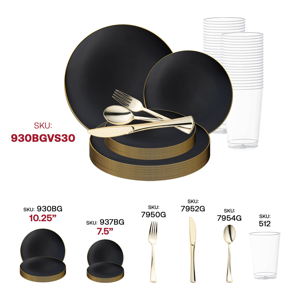 Black with Gold Rim Organic Round Disposable Plastic Wedding Value Set