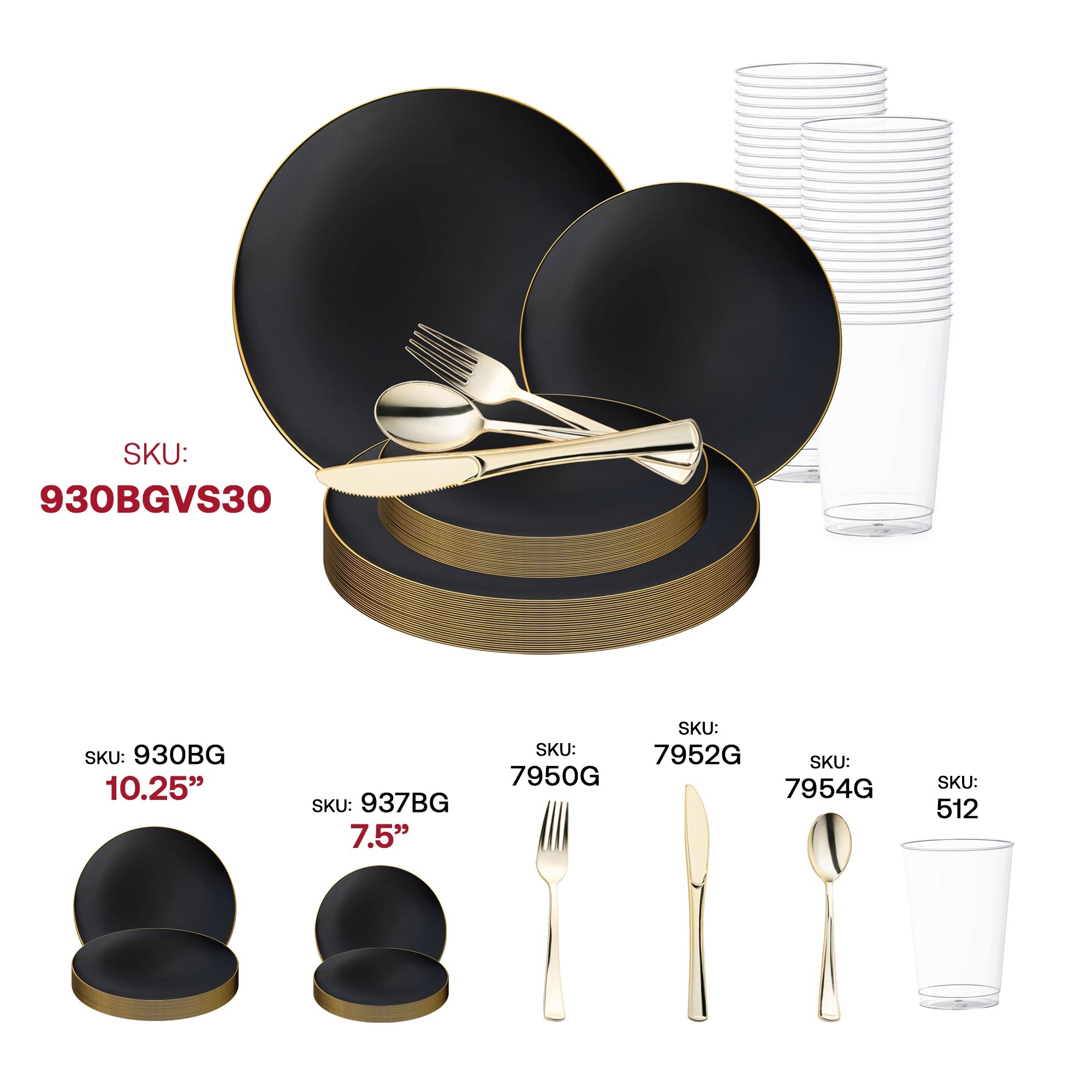Black with Gold Rim Organic Round Disposable Plastic Wedding Value Set