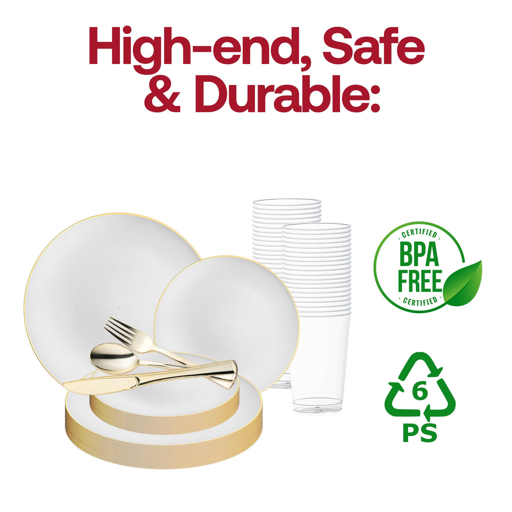 White with Gold Rim Organic Round Disposable Plastic Wedding Value Set