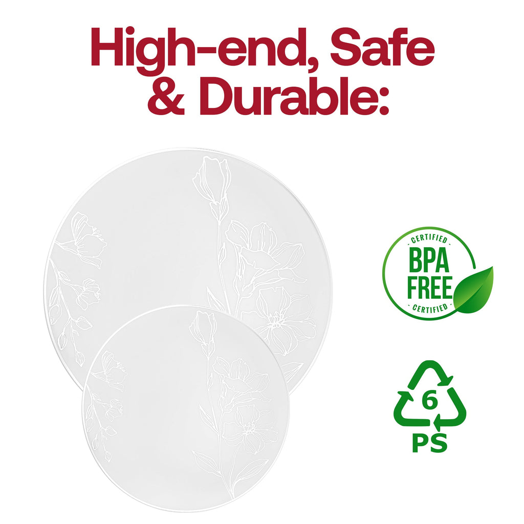 White with Silver Antique Floral Round Disposable Plastic Dinnerware Value Set