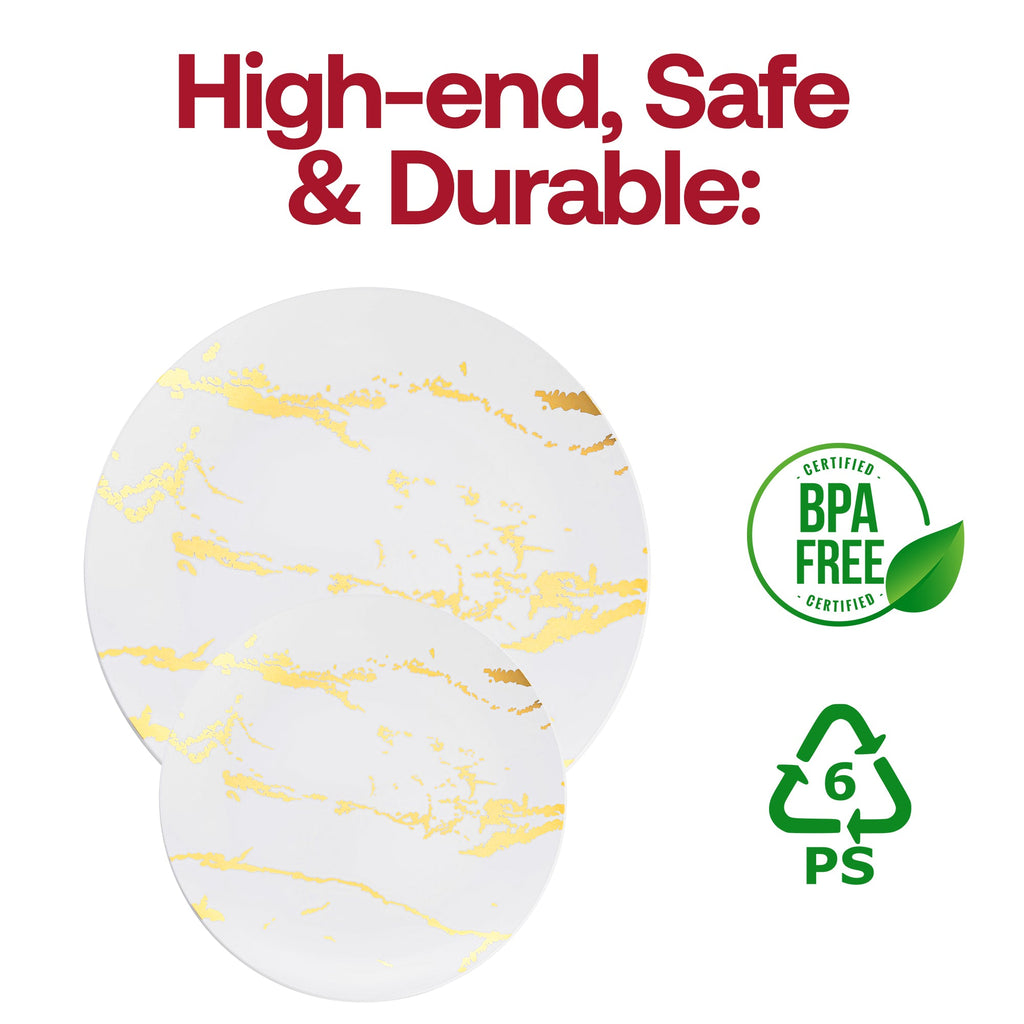 White with Gold Marble Stroke Round Disposable Plastic Dinnerware Value Set